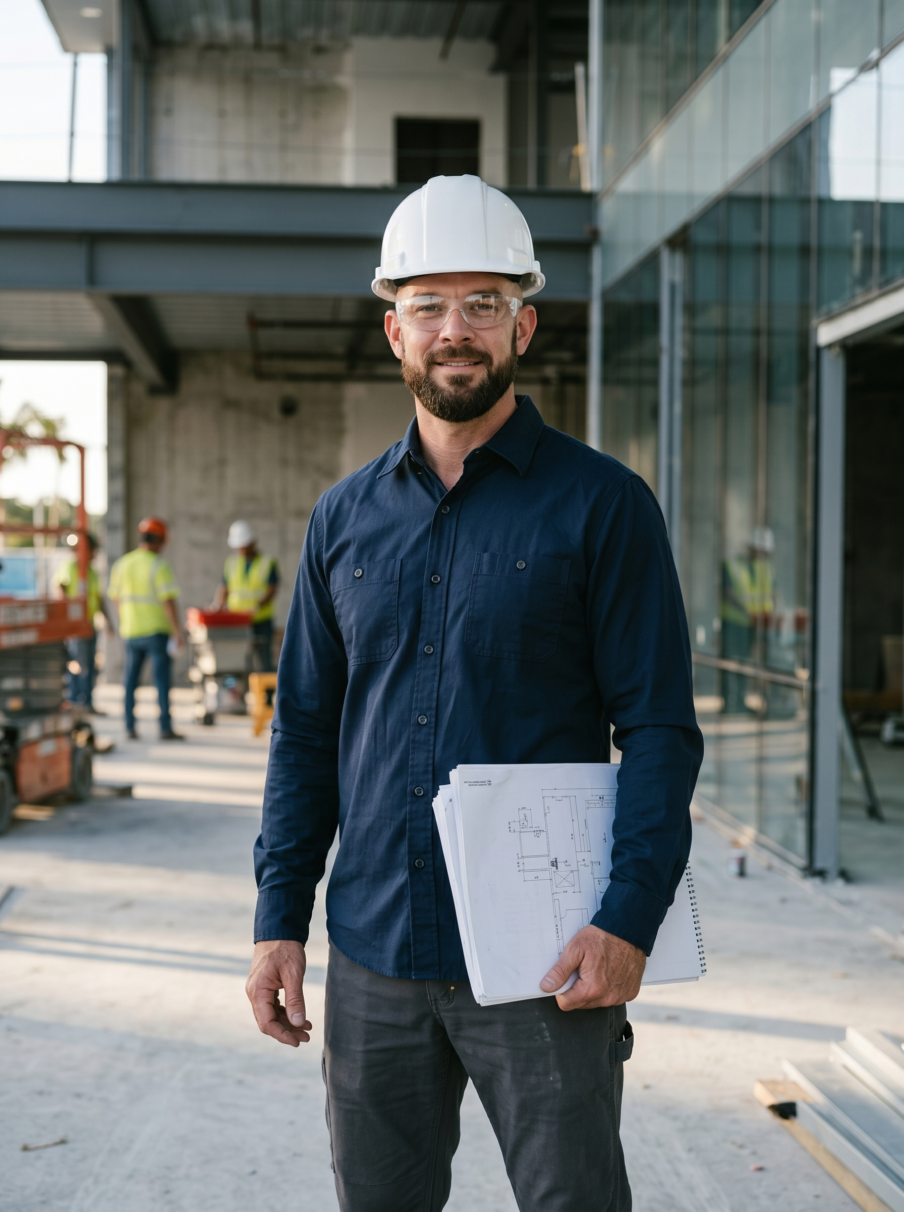 A construction site with a man wearing a white hard hat, safety glasses, a navy blue shirt, and black pants, holding blueprints. Building workers and construction equipment are visible in the background.