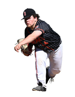 Young person wearing a baseball cap and striped shirt, crouching with one hand extended, on a black background.