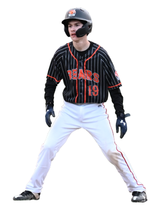 Young baseball player in a black and red Chicago Bears-themed uniform, standing in a ready stance with a helmet and glove.
