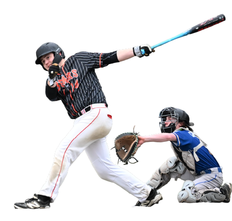 A girl playing softball, swinging a bat, with a catcher in a crouched position behind her, ready to catch the ball.