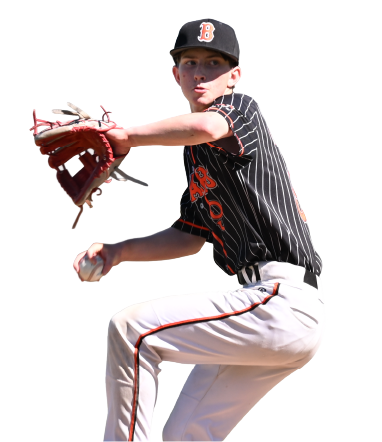 Young baseball player in a black and white pinstriped uniform pitching on the mound.