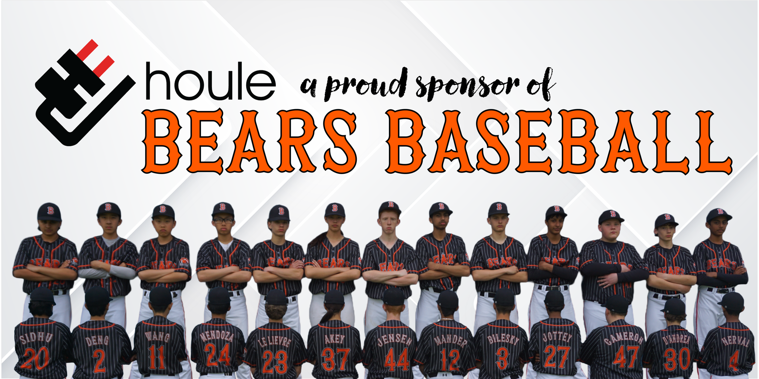 Banner with the text 'Houle, a proud sponsor of Bears Baseball,' featuring a logo with a baseball glove and two red stitches, and a row of young baseball players in black and red striped uniforms with their arms crossed.