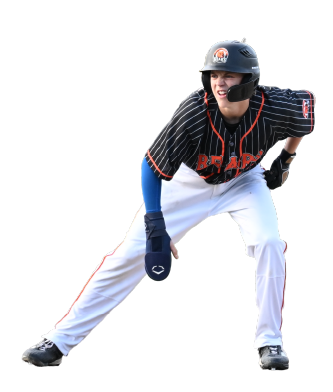 A baseball player in a batting stance wearing a black and red uniform with the Baltimore Orioles logo, a black helmet, and a headset, against a black background.