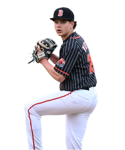 A young baseball player in a black pinstripe uniform with red accents, wearing a black cap with a red 'B' logo, is in a pitcher's pose holding a baseball glove, with a focused expression.