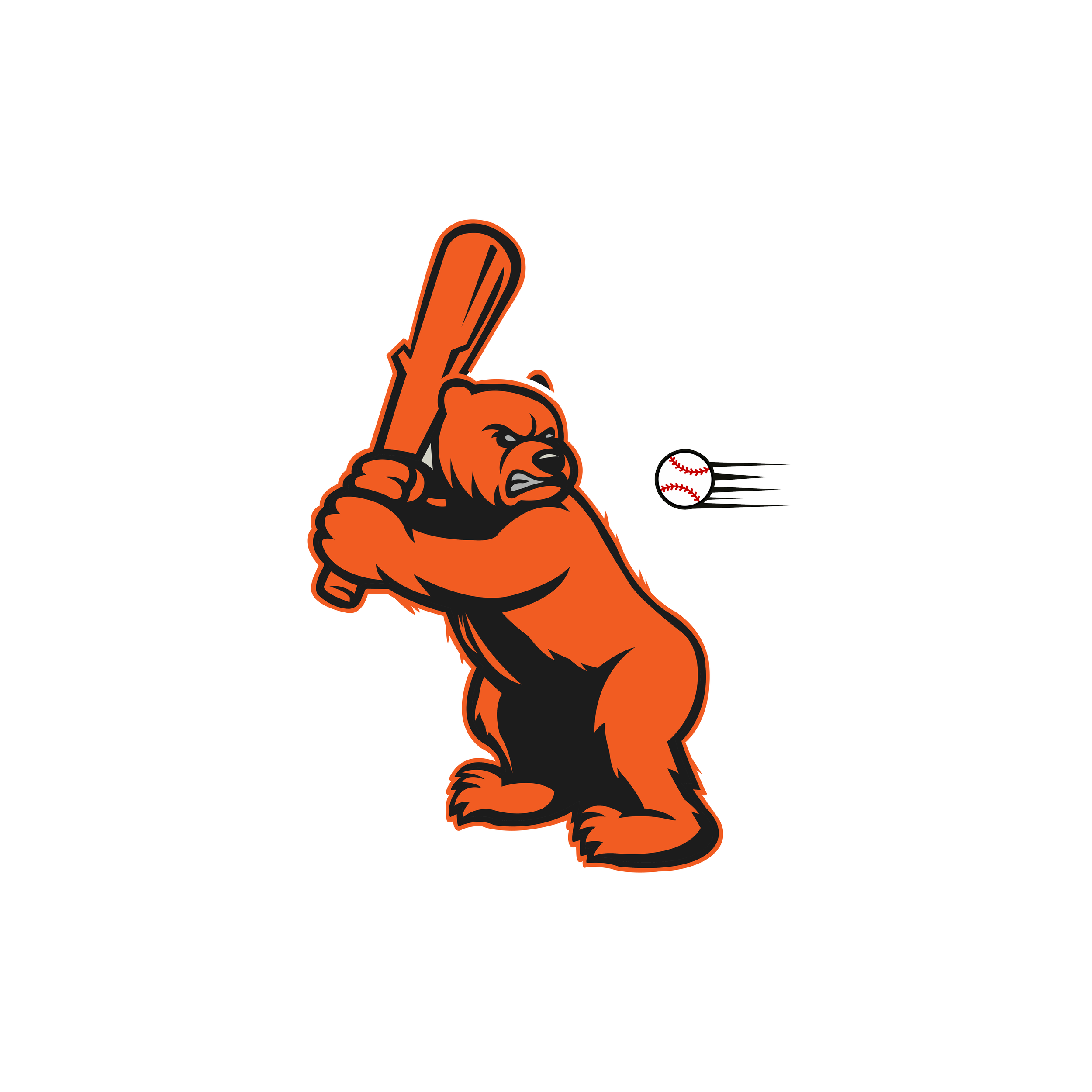 Illustration of a bear holding a baseball bat and a baseball, with motion lines indicating the baseball is being hit.