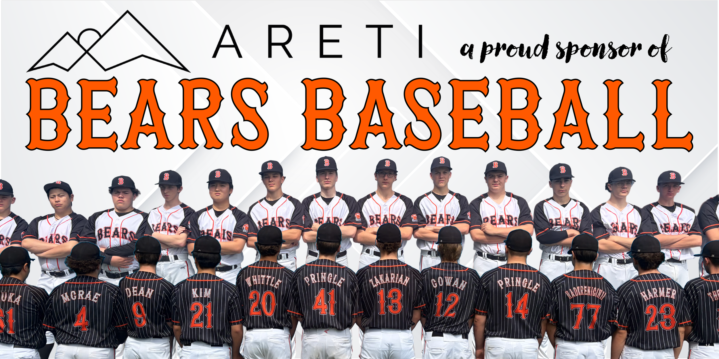 Group of baseball players in uniform standing in formation, with a large banner behind them reading 'ARETI a proud sponsor of BEARS BASEBALL' and featuring a mountain logo.