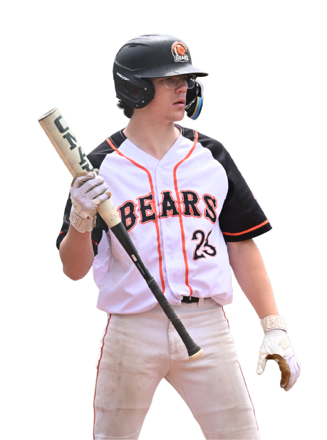Baseball player wearing a black helmet, white jersey with black and orange accents, with the word 'BEARS' and the number 23, holding a bat in one hand and a glove in the other.
