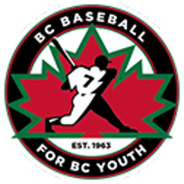 Logo of BC Baseball for BC Youth, featuring a red maple leaf with a black and white baseball player silhouette, a bat and ball, and the text 'BC Baseball for BC Youth' and 'Est. 1963'.