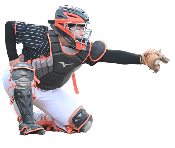 A baseball catcher in gear crouches with extended arm, wearing a helmet, chest protector, and catching gloves.