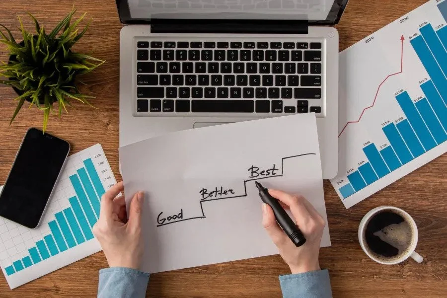 Person holding a paper with the words 'Good,' 'Better,' and 'Best' written on it, with an upward arrow drawn next to each word. The paper is on a wooden desk surrounded by a laptop, a smartphone, printed bar graphs, a cup of coffee, and a small potted plant.