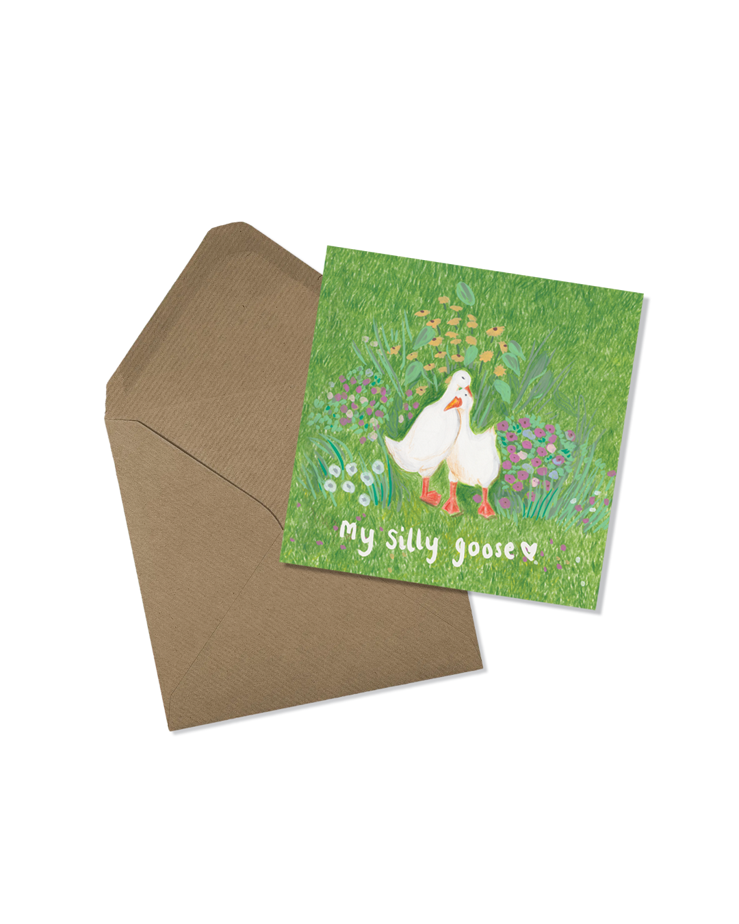 Greeting card featuring two white geese standing in a green garden with flowers, with the message "My silly goose" and a heart symbol.