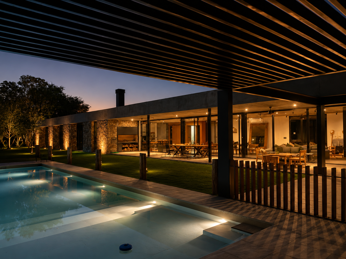 Casa moderna con piscina iluminada, áreas de comedor y sala, rodeada de césped y árboles, al atardecer.