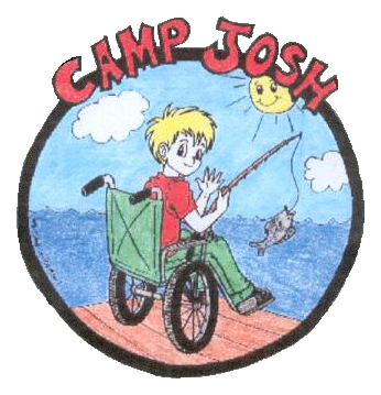 Logo for Camp Josh featuring a boy in a wheelchair fishing outdoors with a cloud, sun, and a fish.