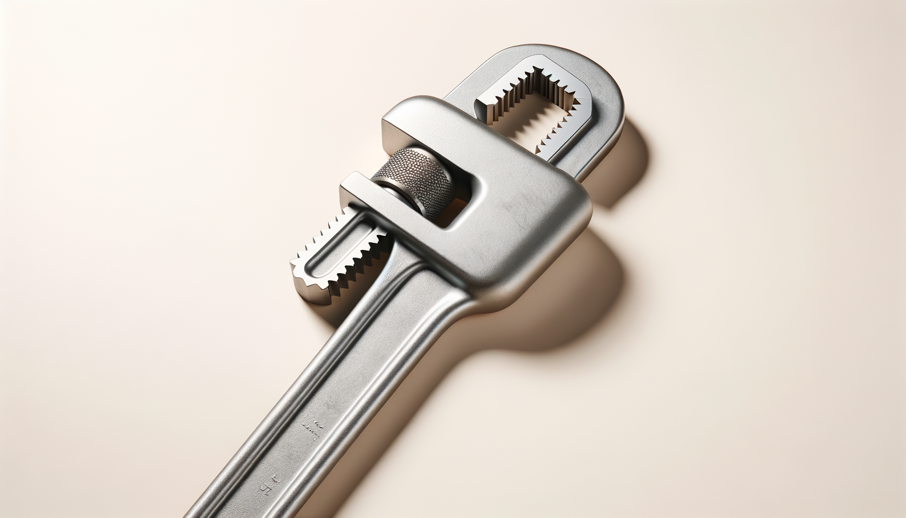 A close-up of a metallic adjustable wrench on a light-colored surface.