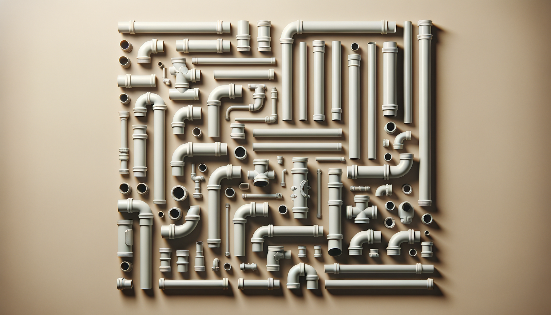 An arrangement of various white PVC plumbing pipes and fittings laid out on a light-colored surface, forming a grid-like pattern.