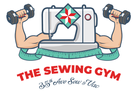 A sewing machine with muscular arms holding dumbbells on either side, and a measuring tape draped below. The text reads 'The Sewing Gym'.