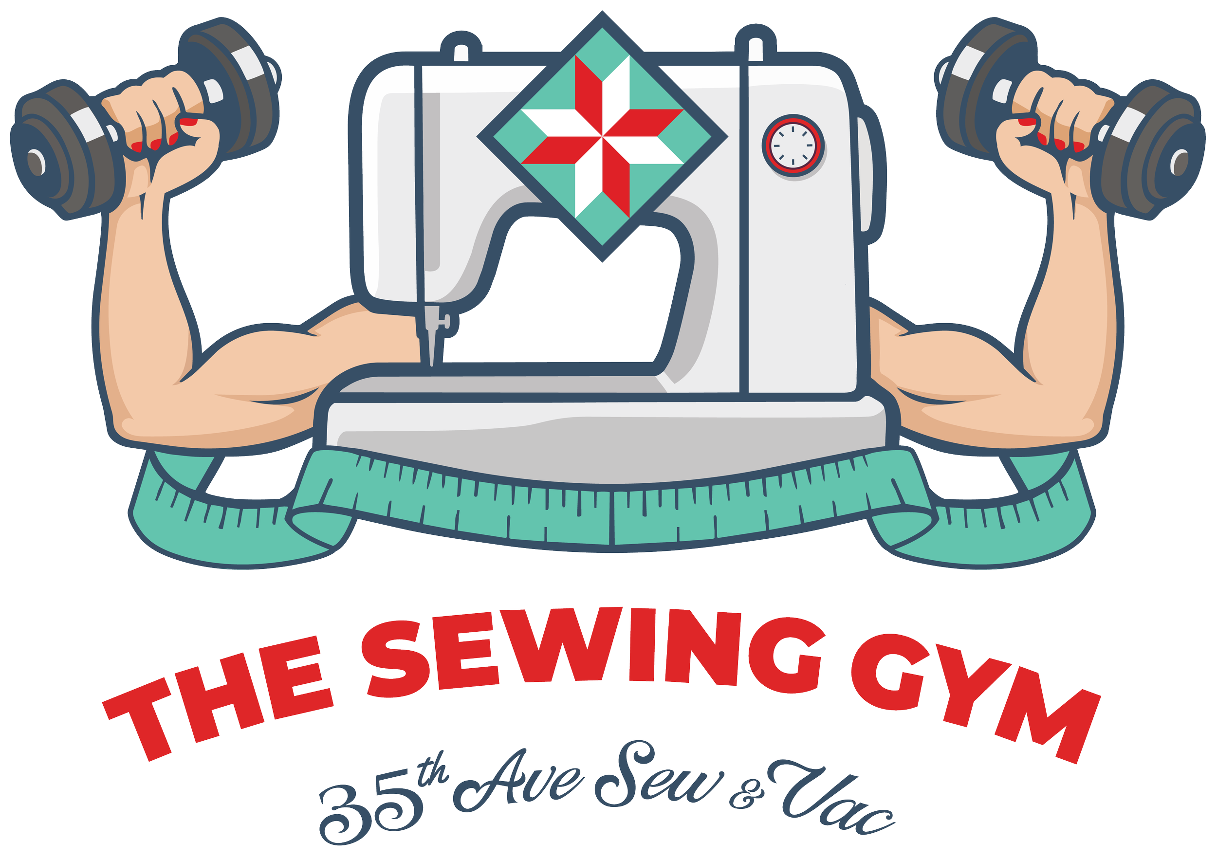 Logo of The Sewing Gy, featuring a muscle arm holding a dumbbell, with a quilt pattern in the center, and text indicating a sewing shop located at 35th Ave Sew & Vac.