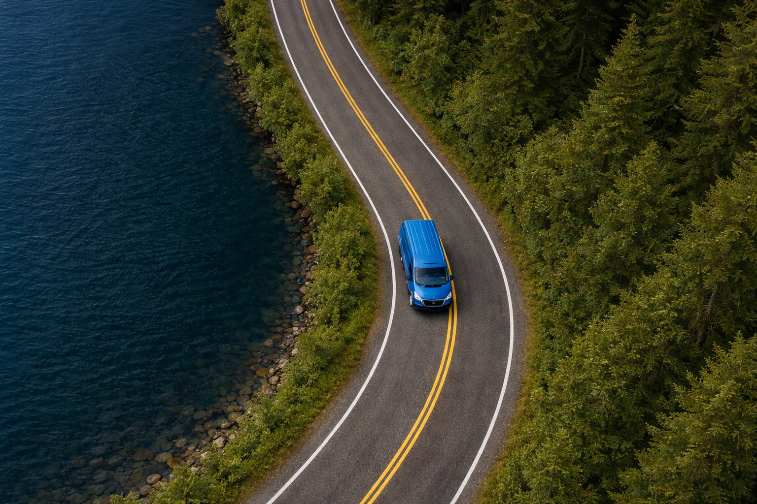 Aerial view of a blue car driving along a winding road beside a body of water surrounded by green trees.
