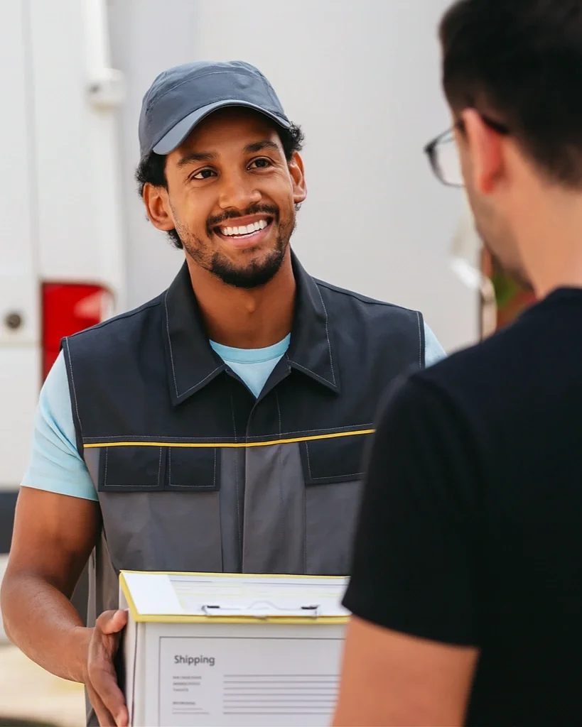 A man with a beard and mustache, wearing a blue cap and a black vest, smiling and holding a package labeled 'Shipping' while talking to another man wearing glasses.
