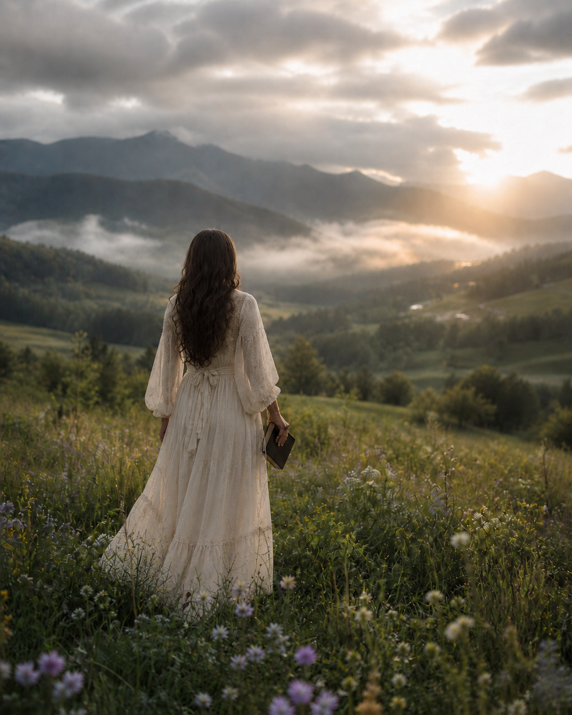 A woman in a long white dress holding a book stands in a field of wildflowers, looking at a scenic mountain landscape during sunrise or sunset, with clouds and misty mountains in the background.