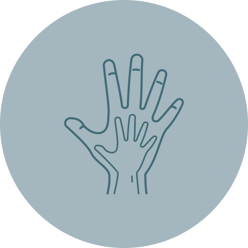 Outline illustration of a larger adult hand and a smaller child's hand, both reaching upward on a light blue background.