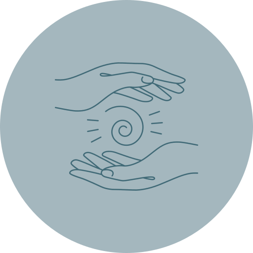 Line drawing of two hands surrounding a glowing spiral, representing relationships and connection.
