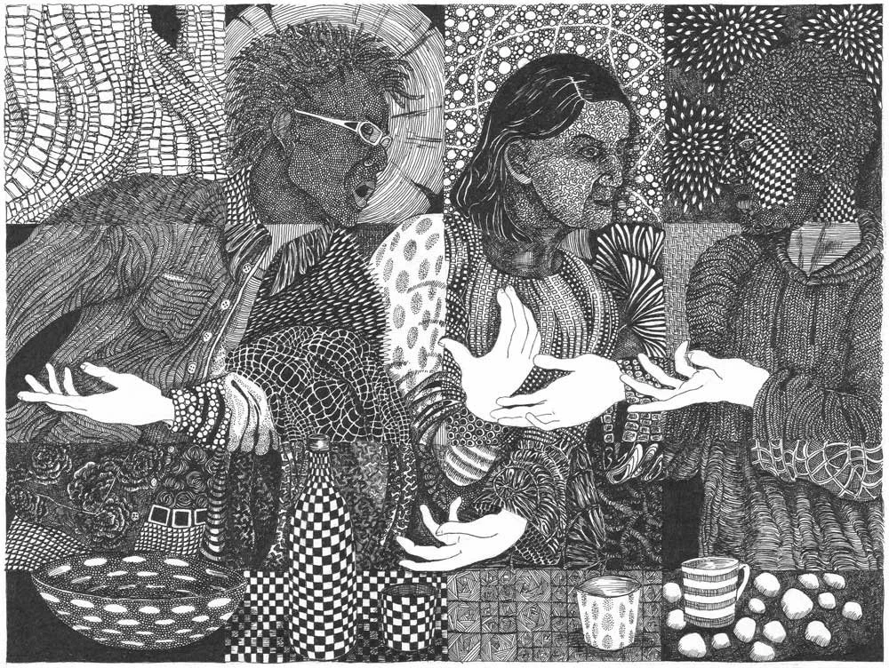 Black and white ink drawing depicting the Last Supper with abstract patterns on figures and objects. 
