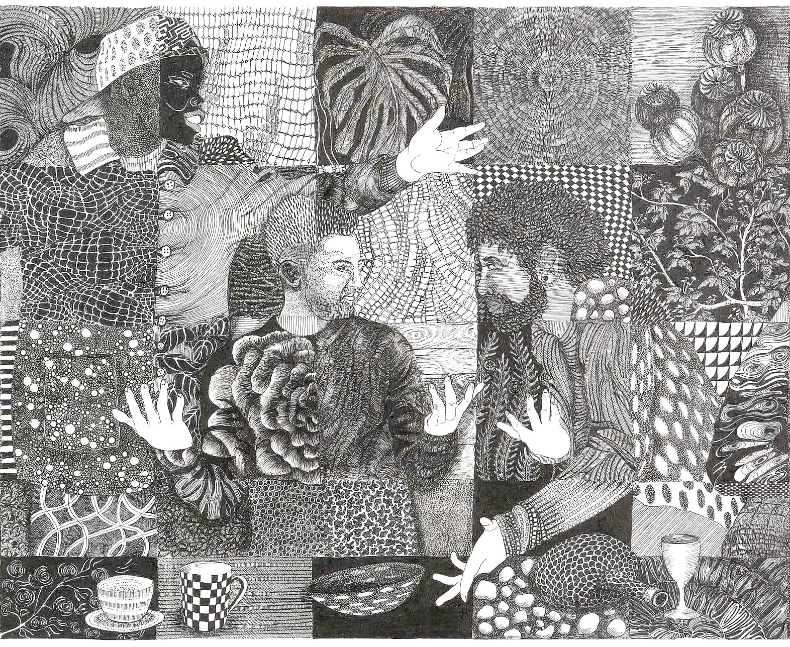 a black-and-white drawing with a gridded composition, each square having a different, detailed pattern, and featuring 3 adults at a long table