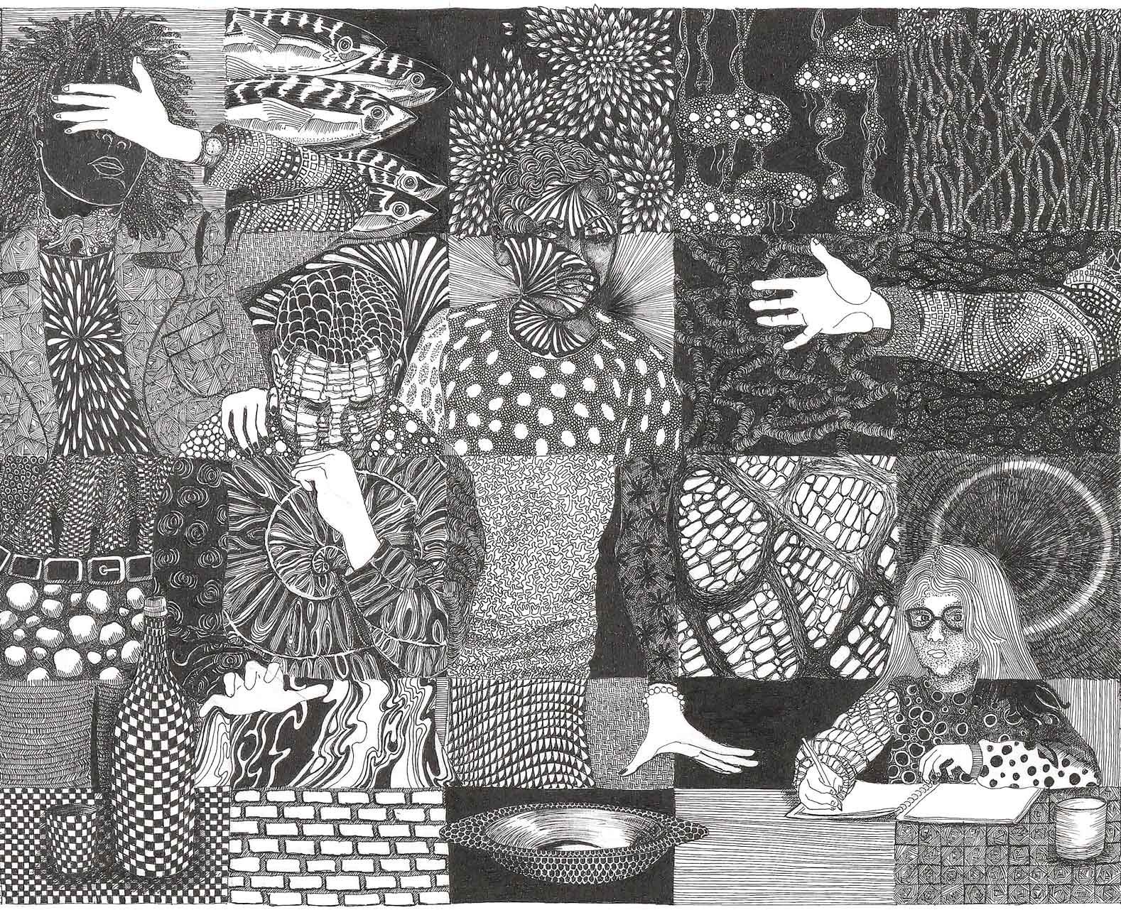 A black-and-white illustration with multiple intricately detailed human figures, each with unique patterns and designs on their clothing and backgrounds, including flowers, animals, and abstract elements.
