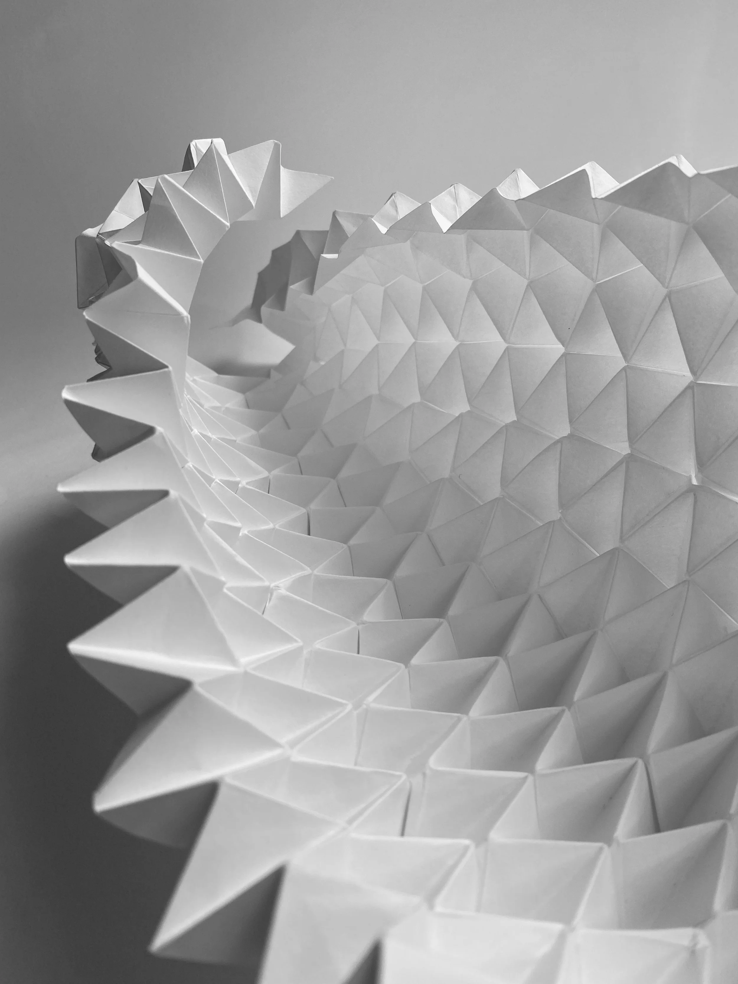 A black and white photo of a 3D origami sea shell made of folded paper with sharp, triangular edges.