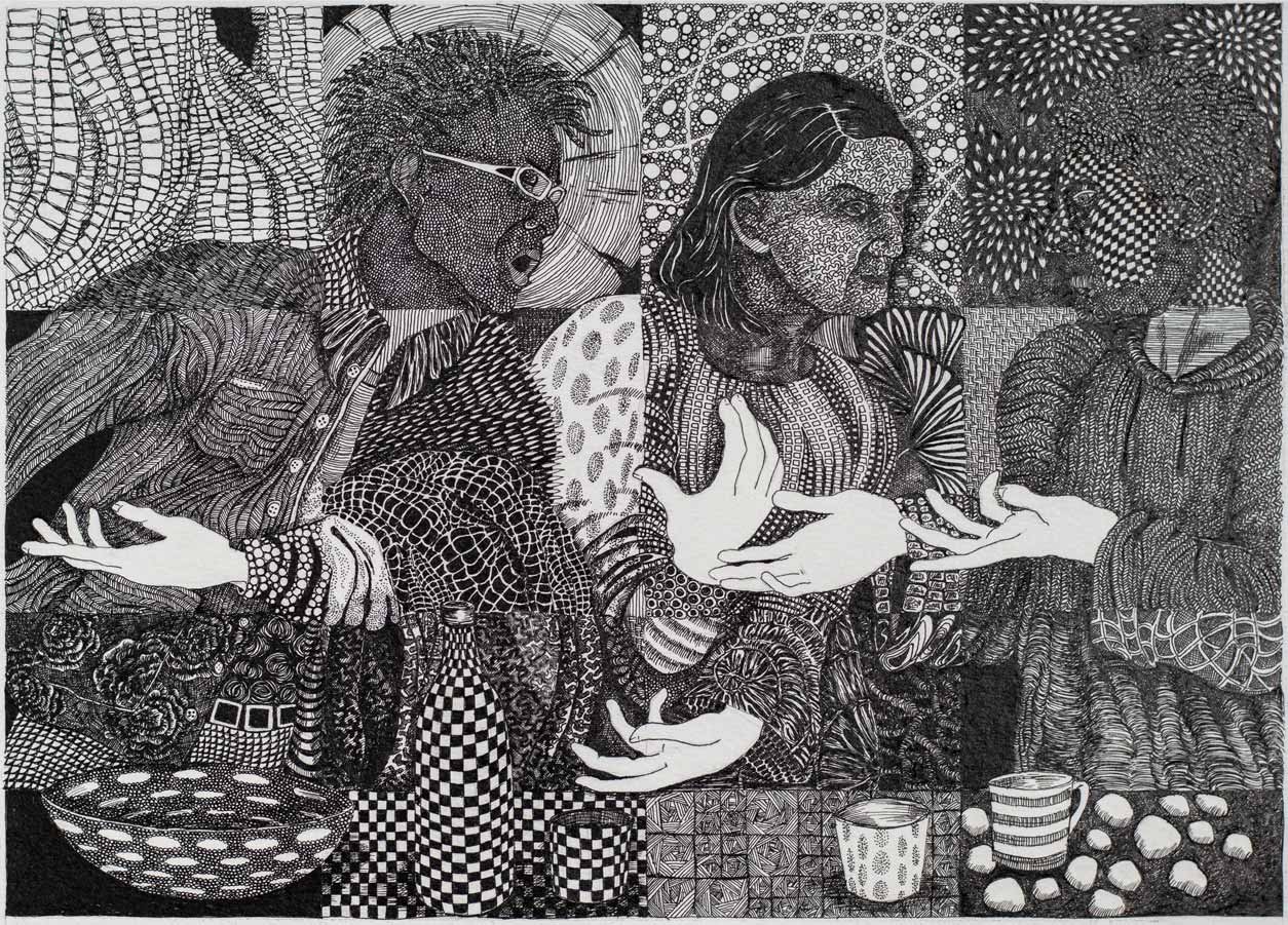 Black and white artwork depicting the Last Supper with altered, abstract patterns on figures and objects.
