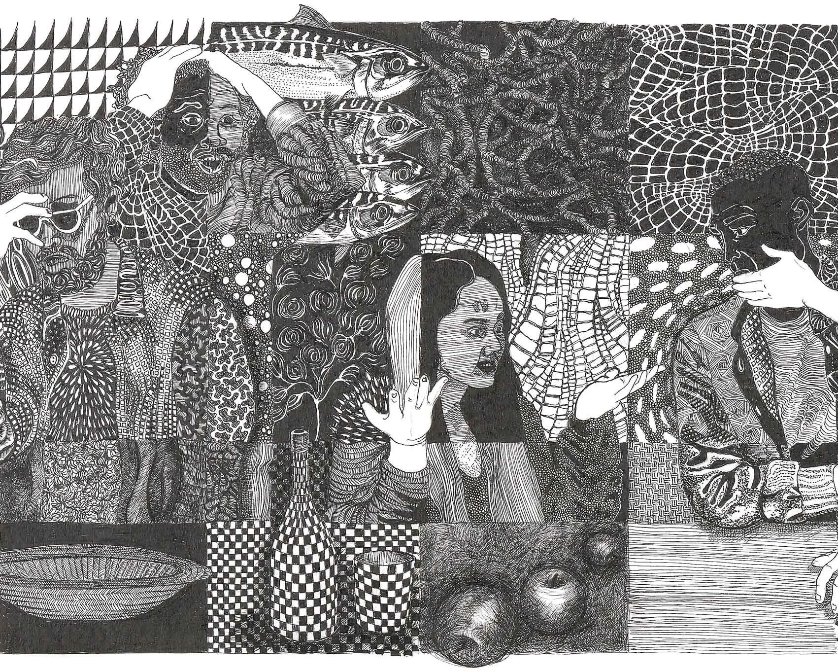 a section of a black ink drawing with a gridded composition, featuring 4 adults seated and standing at a long table in animated discussion, each square having a different, detailed pattern
