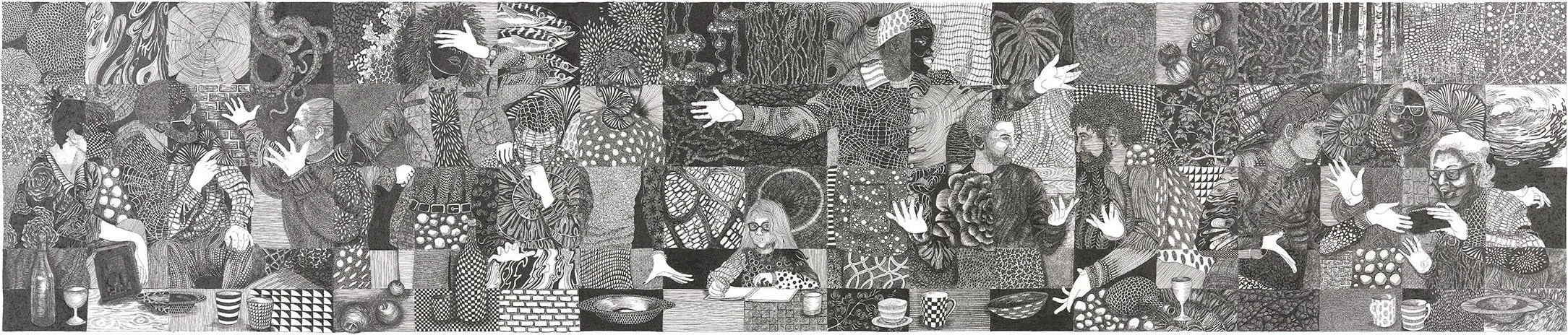 a large black ink drawing with a gridded composition, each square having a different, detailed pattern, featuring a small girl at the center with a book open on the table in front of her and 12 adults around