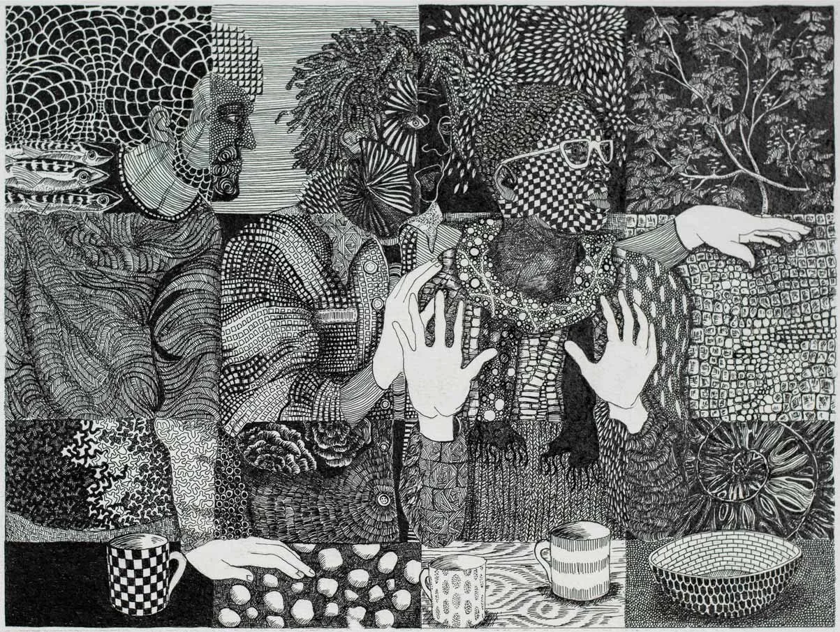 A horizontal black ink drawing on white Fabriano paper, titled "Deflection" (2026), from "The Last Supper" series by Michelle J Bruce. The fine-line artwork captures a small group of people reacting to an unseen event.