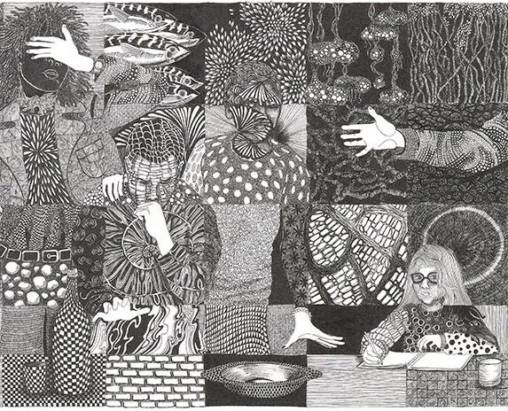 A black-and-white abstract illustration with several human-like figures, geometric patterns, and various textures and designs.