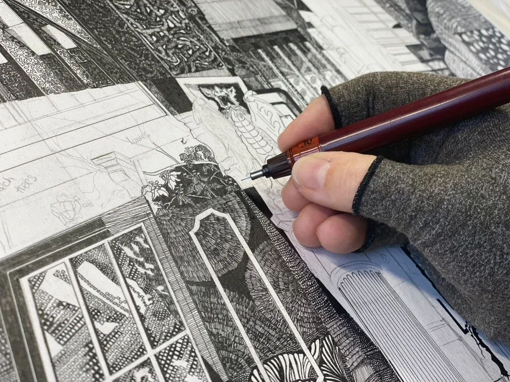 close-up of black-and-white drawing in progress