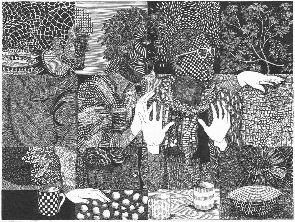 Black and white ink drawing depicting the Last Supper with abstract patterns on figures and objects. 
