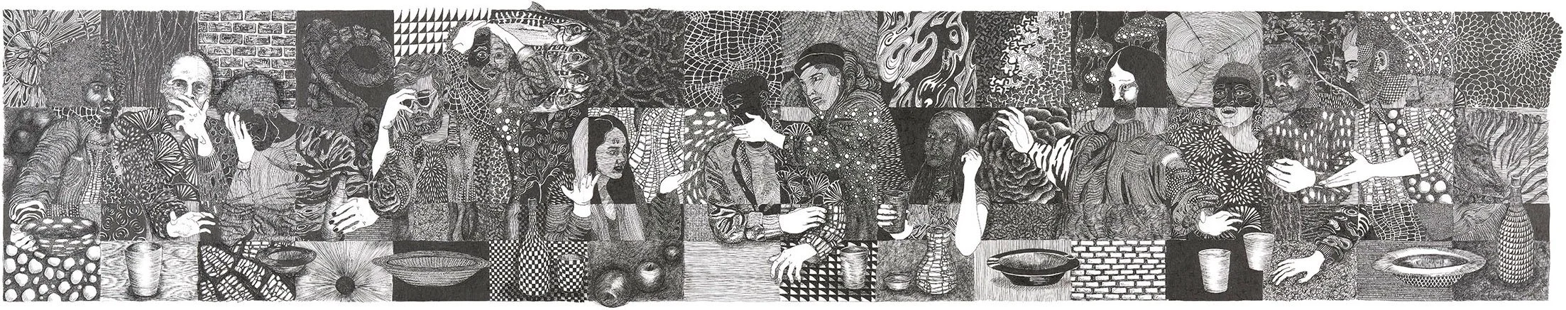 a large black ink drawing with a gridded composition, featuring 13 adults at a long table in animated discussion, each square having a different, detailed pattern