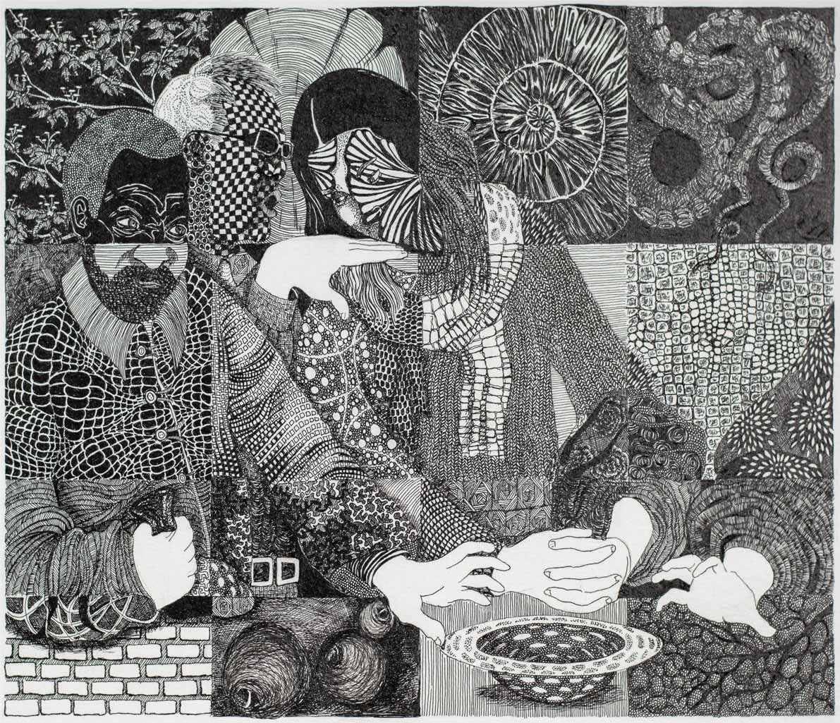 Black and white detailed drawing of multiple people with intricate patterns, one person with glasses and a beard, others with various patterned clothing, engaged in an activity around a table with a bowl and other objects, surrounded by abstract and 