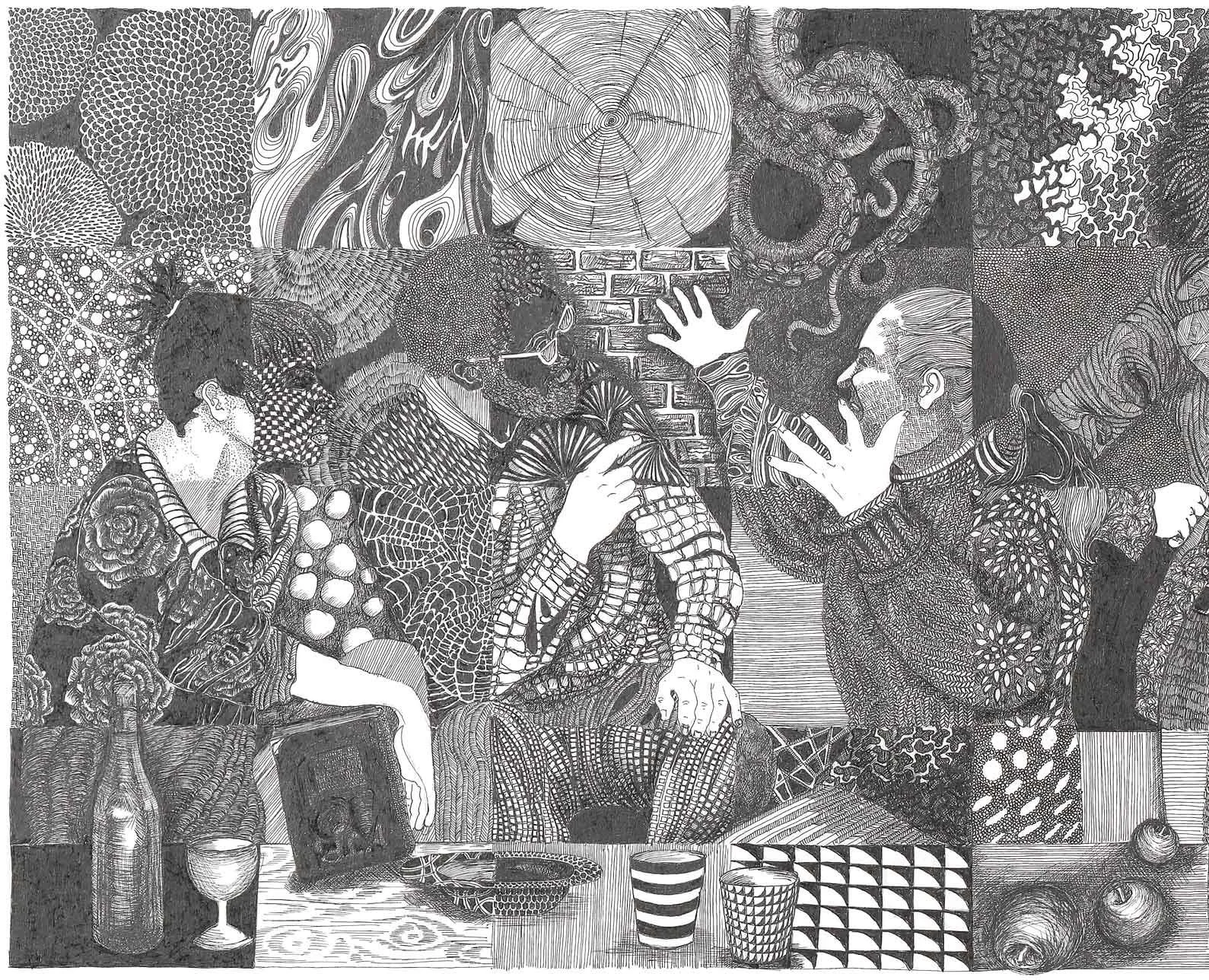 a black-and-white drawing with a gridded composition, each square having a different, detailed pattern, and featuring 3 adults