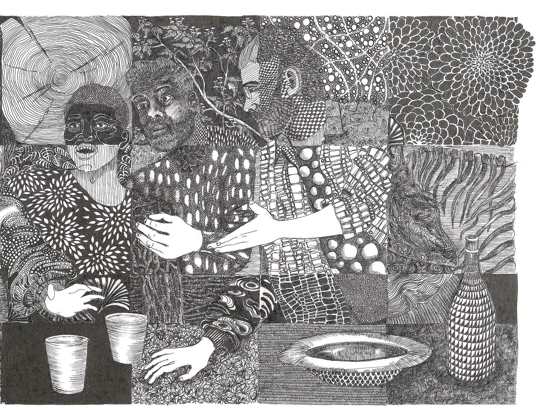 a section of a black ink drawing with a gridded composition, featuring 3 adults seated and standing at a long table in animated discussion, each square having a different, detailed pattern