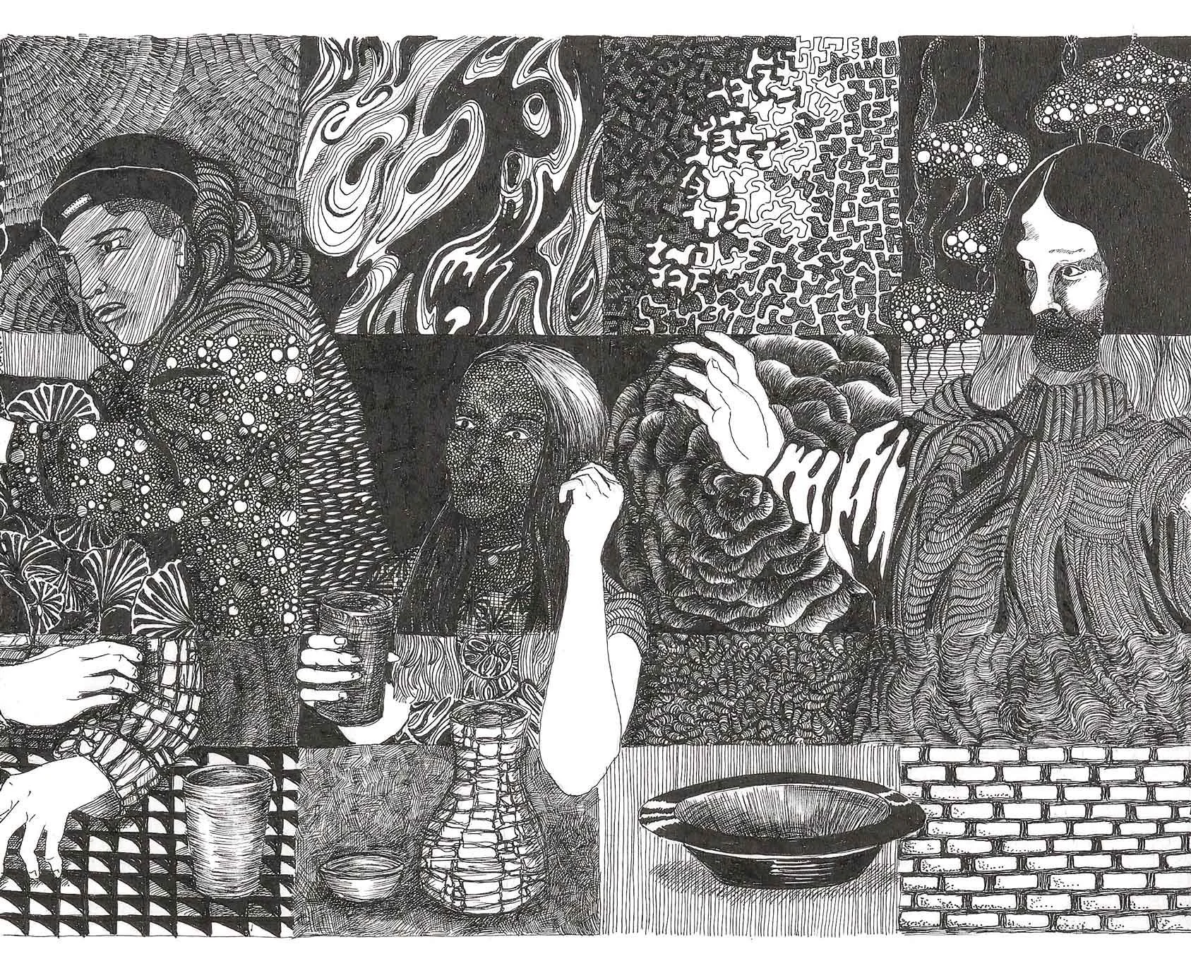 a section of a black ink drawing with a gridded composition, featuring 3 adults seated at a long table in animated discussion, each square having a different, detailed pattern