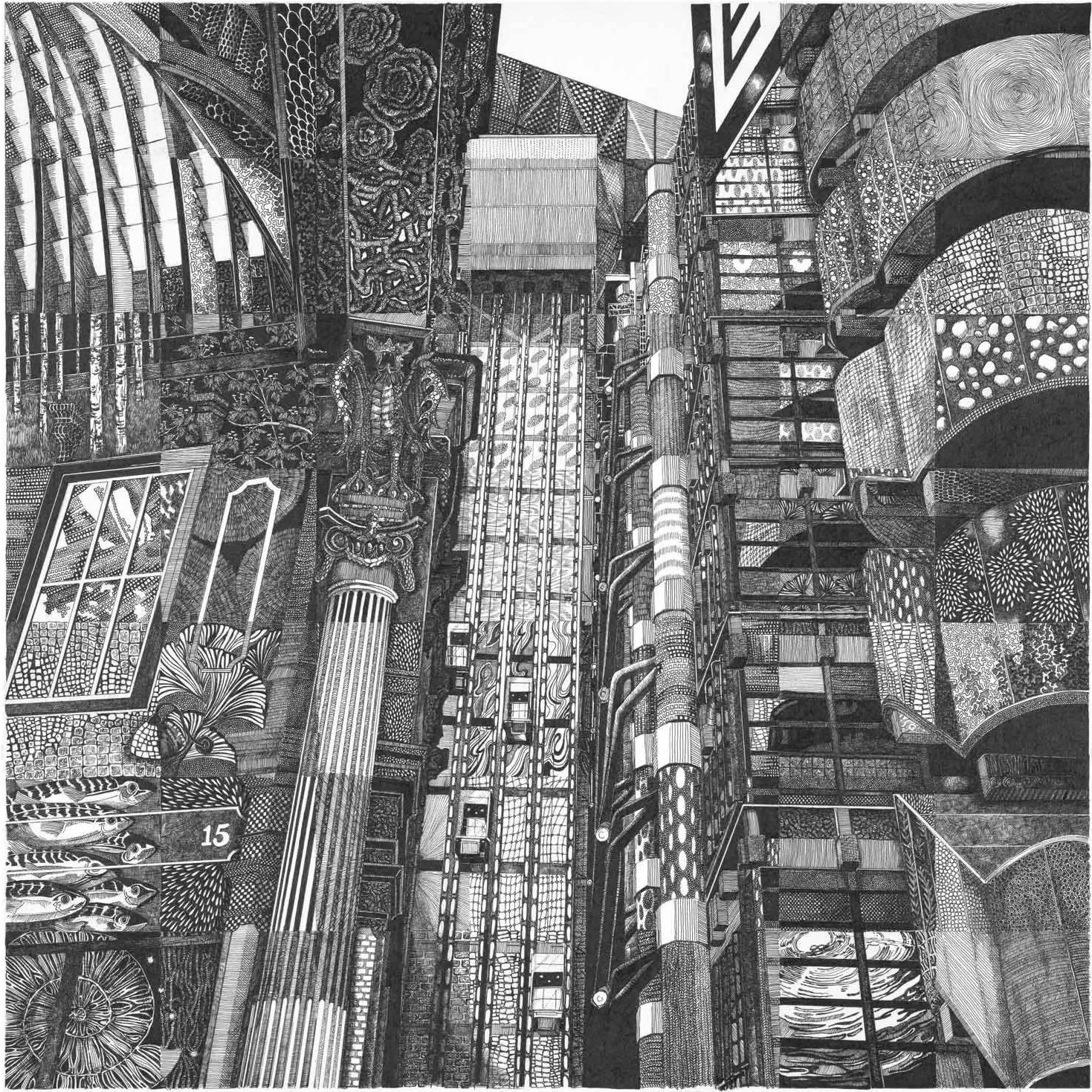 A drawing of the view from Leadenhall Market towards the Lloyd’s building in black ink with intricate patterns and textures and composed within a grid of squares