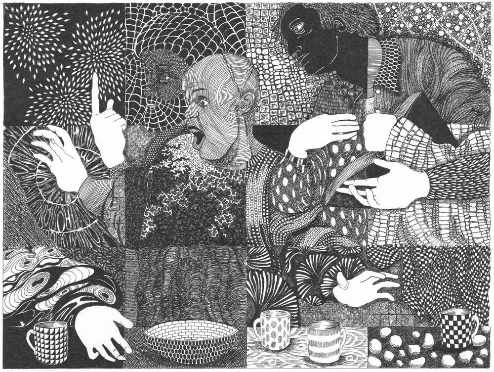 Black and white ink drawing depicting the Last Supper with abstract patterns on figures and objects. 