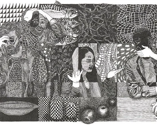 A black and white abstract artwork depicting a group of people and various patterns, textures, and faces in a surreal composition.