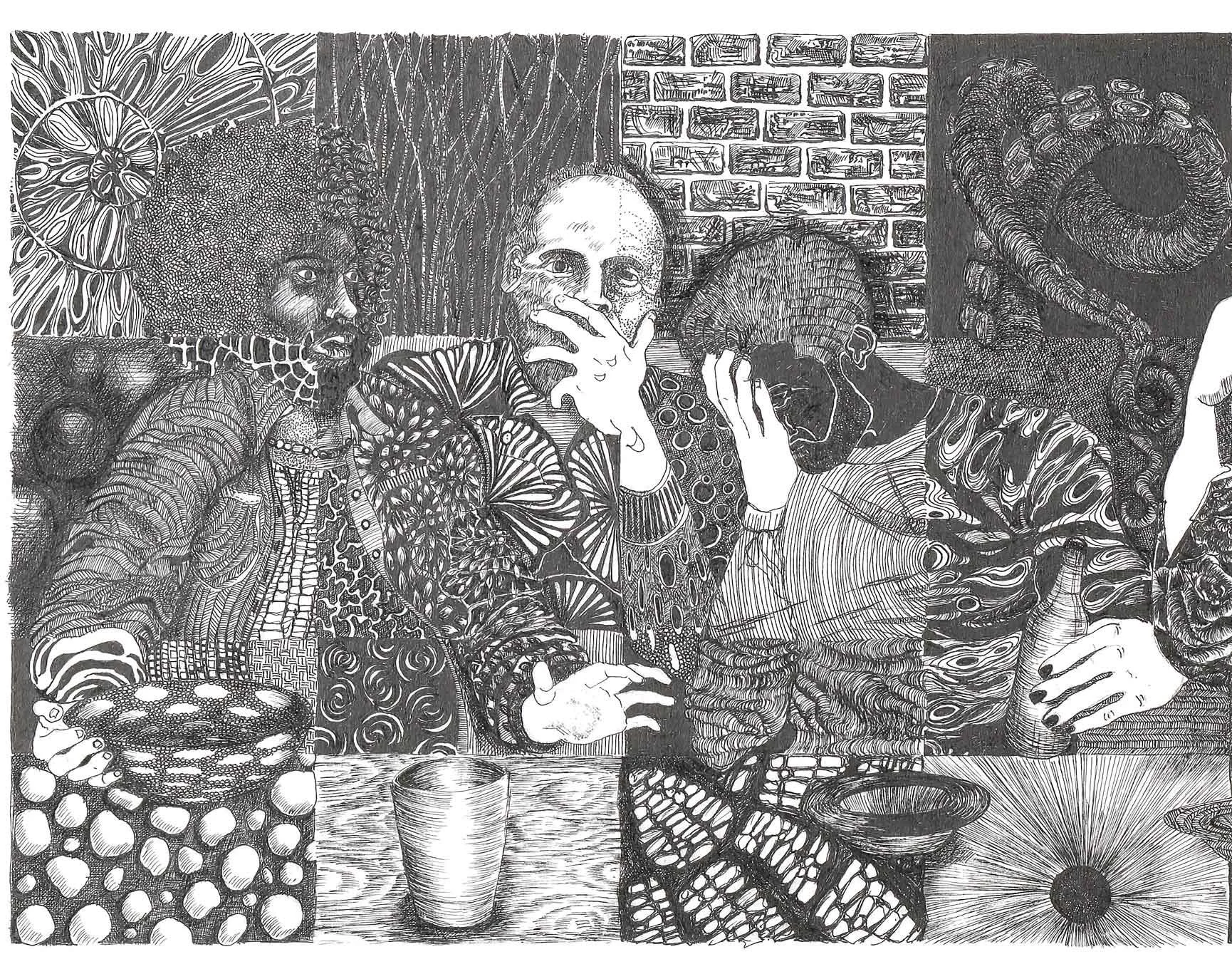 a section of a black ink drawing with a gridded composition, featuring 3 adults seated at a long table in animated discussion, each square having a different, detailed pattern