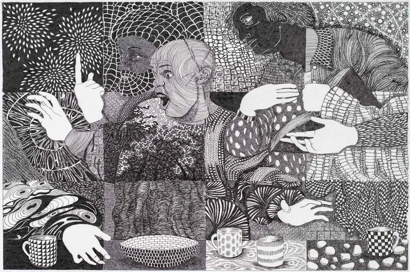 A highly detailed black and white line drawing of three children at a table, showcasing intricate patterns and textures. One child appears to be making a gesture with their hand, the second has their mouth open as if speaking or shouting, and the third is looking at a smartphone. The scene is filled with various textures, geometric shapes, and decorative elements.