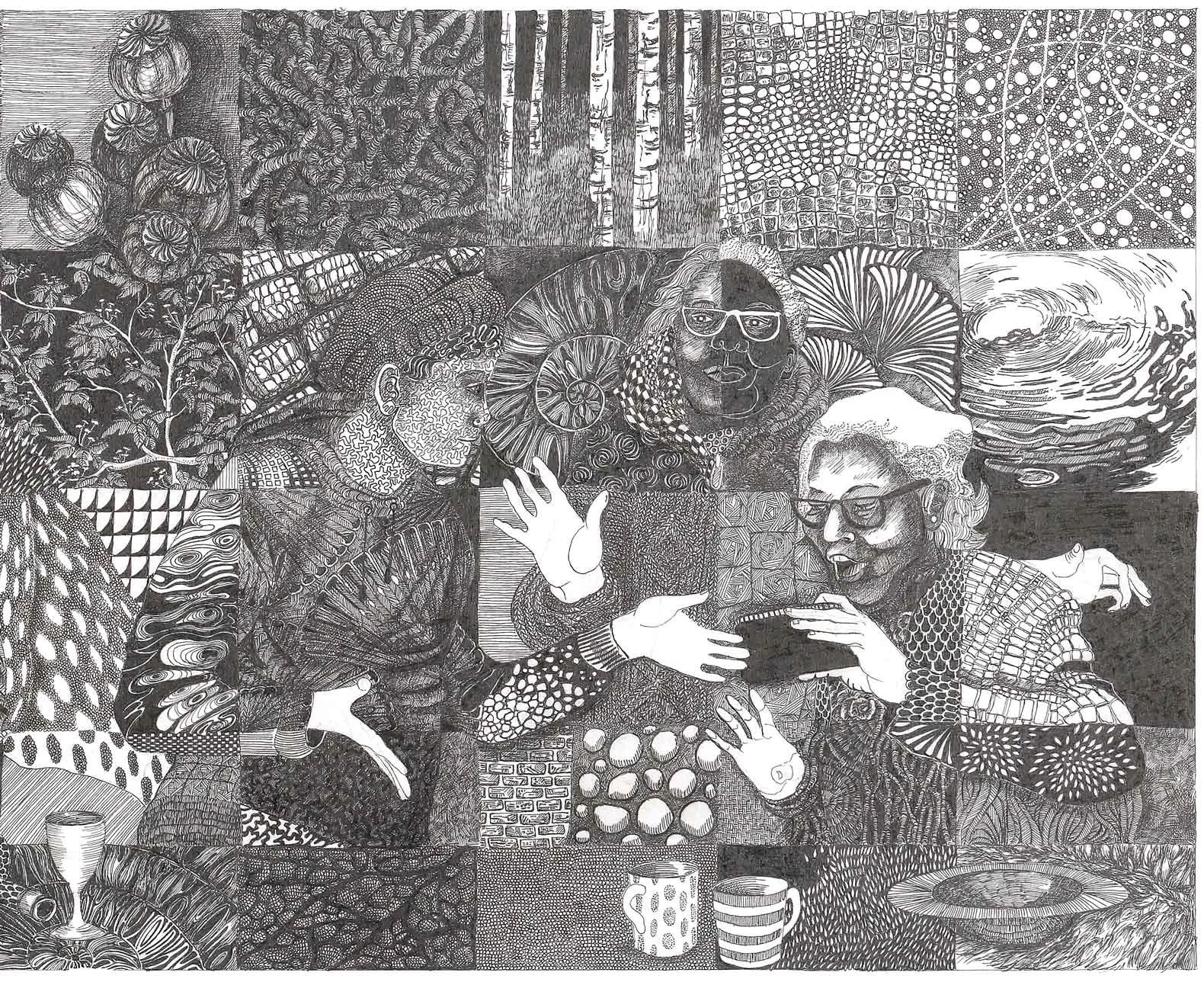 a black-and-white drawing with a gridded composition, each square having a different, detailed pattern, and featuring 3 adults at a long table