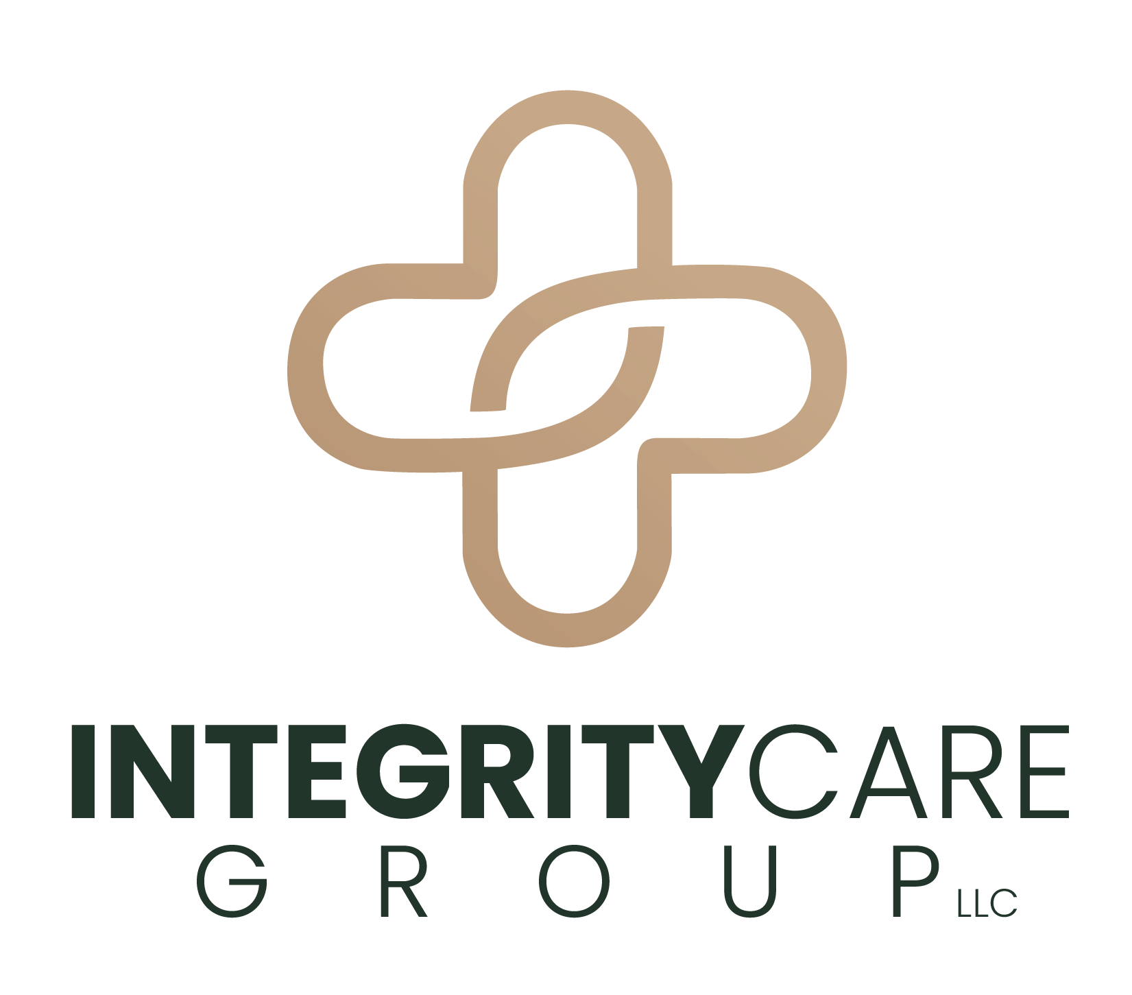 Logo with a stylized geometric design resembling interconnected loops in beige color, with the text 'INTEGRITYCARE GROUP LLC' beneath it in dark green