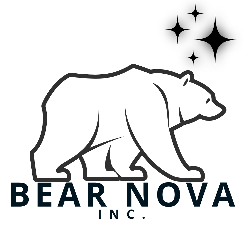Logo featuring a minimalist line drawing of a bear with sparkles above it and the text 'BEAR NØVA INC.' underneath.